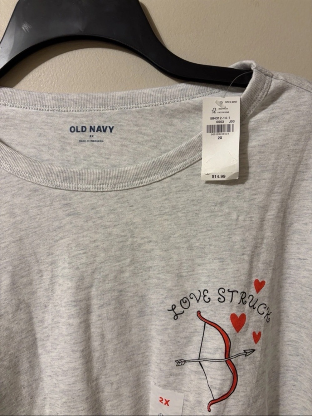 NWT Old Navy Light Gray Tee with Red Heart & Bow Graphic Women’s 2X - Picture 2 of 8